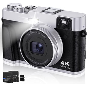Melcam 4K Digital Camera with Viewfinder Flash & Dial, 48MP Autofocus Anti-Shake Vlogging Camera with 32 SD Card & 2 Batteries