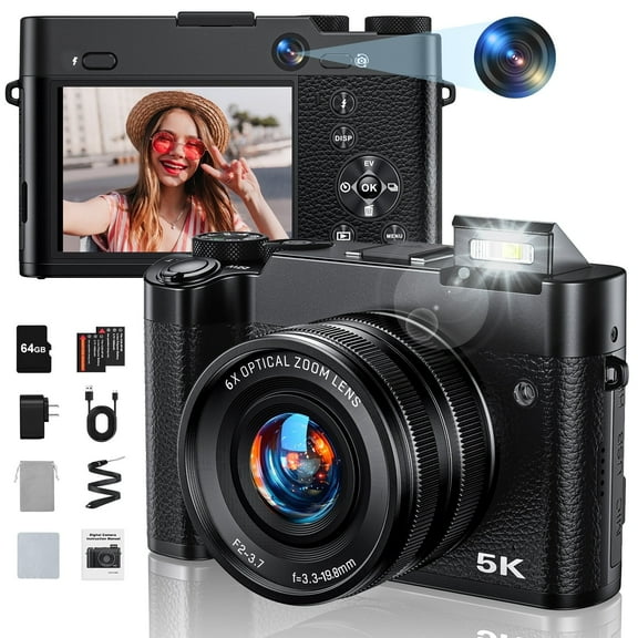 Melcam 5K Digital Camera, 64MP Vlogging Camera for YouTube with 6X Optical Zoom, Autofocus & Anti-Shake, Dual-Lens, 64GB Card & Flash, 2 Batteries