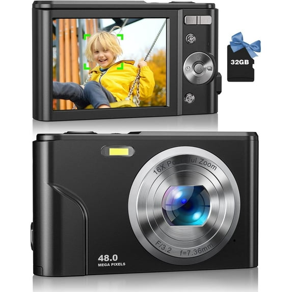 Melcam Digital Camera 48MP FHD 1080P Vlogging Camera Portable Mini Camera with 32 GB Memory Card(Black)