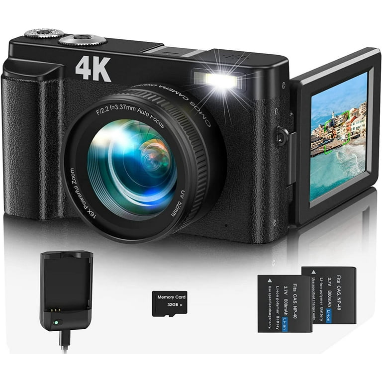 Digital Camera, Auto Focus FHD 4K Vlogging Camera with Dual Camera 48MP 16X  Digital Zoom Kids Compact Camera with 32GB Memory Card Portable Point and