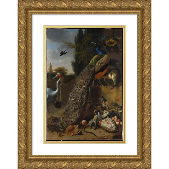Melchior d'Hondecoeter 11x14 Gold Ornate Wood Frame and Double Matted Museum Art Print Titled - Peacocks (1683)