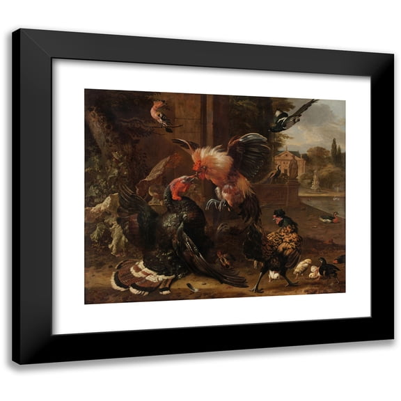 Melchior d'Hondecoeter 14x12 Black Modern Framed Museum Art Print Titled - A Rooster and Turkey Fighting (C. 1680)