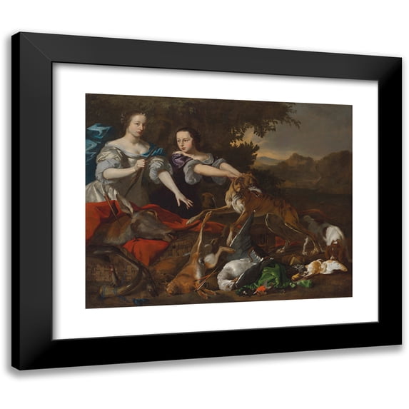 Melchior d'Hondecoeter 14x12 Black Modern Framed Museum Art Print Titled - Portrait of a Lady in as the Goddess Diana and Her Attendant, with the Spoils of the Chase