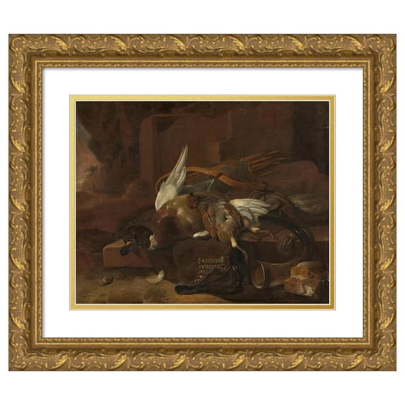 Melchior d'Hondecoeter 14x12 Gold Ornate Wood Frame and Double Matted Museum Art Print Titled - A Hunter's Bag (1660 - 1695)