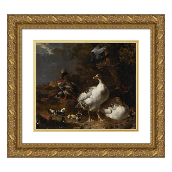 Melchior d'Hondecoeter 17x15 Gold Ornate Wood Frame and Double Matted Museum Art Print Titled - Geese and Ducks (C. 1680)