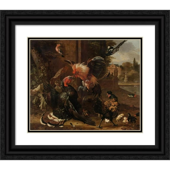 Melchior d'Hondecoeter 24x20 Black Ornate Framed Double Matted Museum Art Print Titled: A Rooster and Turkey Fighting (C. 1680)