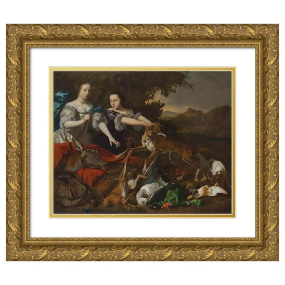Melchior d'Hondecoeter 24x20 Gold Ornate Framed and Double Matted Museum Art Print Titled - Portrait of a Lady in as the Goddess Diana and Her Attendant, with the Spoils of the Chase