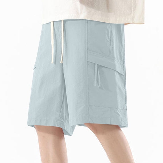 Meldvdib Mens Cargo Shorts Drawstring Elastic Waist Shorts Outdoor Hiking Shorts Casual Summer Beach Shorts Loose Short Pants with Pockets Light Blue XL