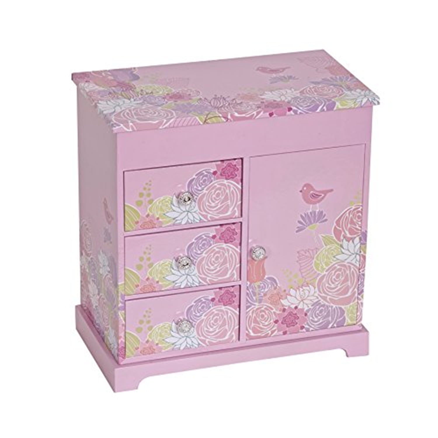Pink Floral Wooden Girls' Musical Jewelry Cabinet