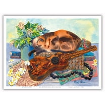 Mele Ho’oipoipo (Song of Love) - Hawaiian Cat (Popoki) Ukulele - From an Original Hawaii Watercolor Painting by Peggy Chun - Master Art Print (Unframed) 9in x 12in