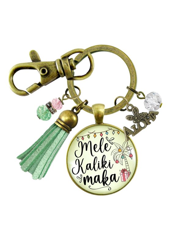 Mele Kalikimaka Christmas Hawaiian Keychain Holiday Merry Christmas Pink Green Tassel Jewelry Gift