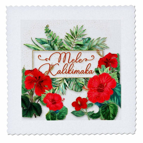 3dRose, Mele Kalikimaka Hawaiian Christmas Typography Red Hibiscus Flowers, 14x14 inch quilt square
