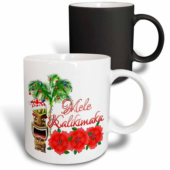 3drose, Mele Kalikimaka, Hawaiian for Merry Christmas and Santa Claus Tiki, 11oz Magic Transforming Mug