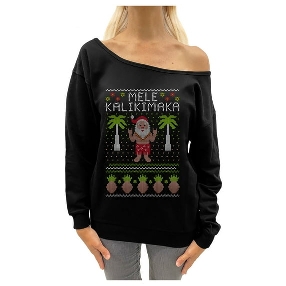 Mele Kalikimaka Hawaiian Ugly Christmas Sweatshirt Women Long Sleeve Shirt Medium Black