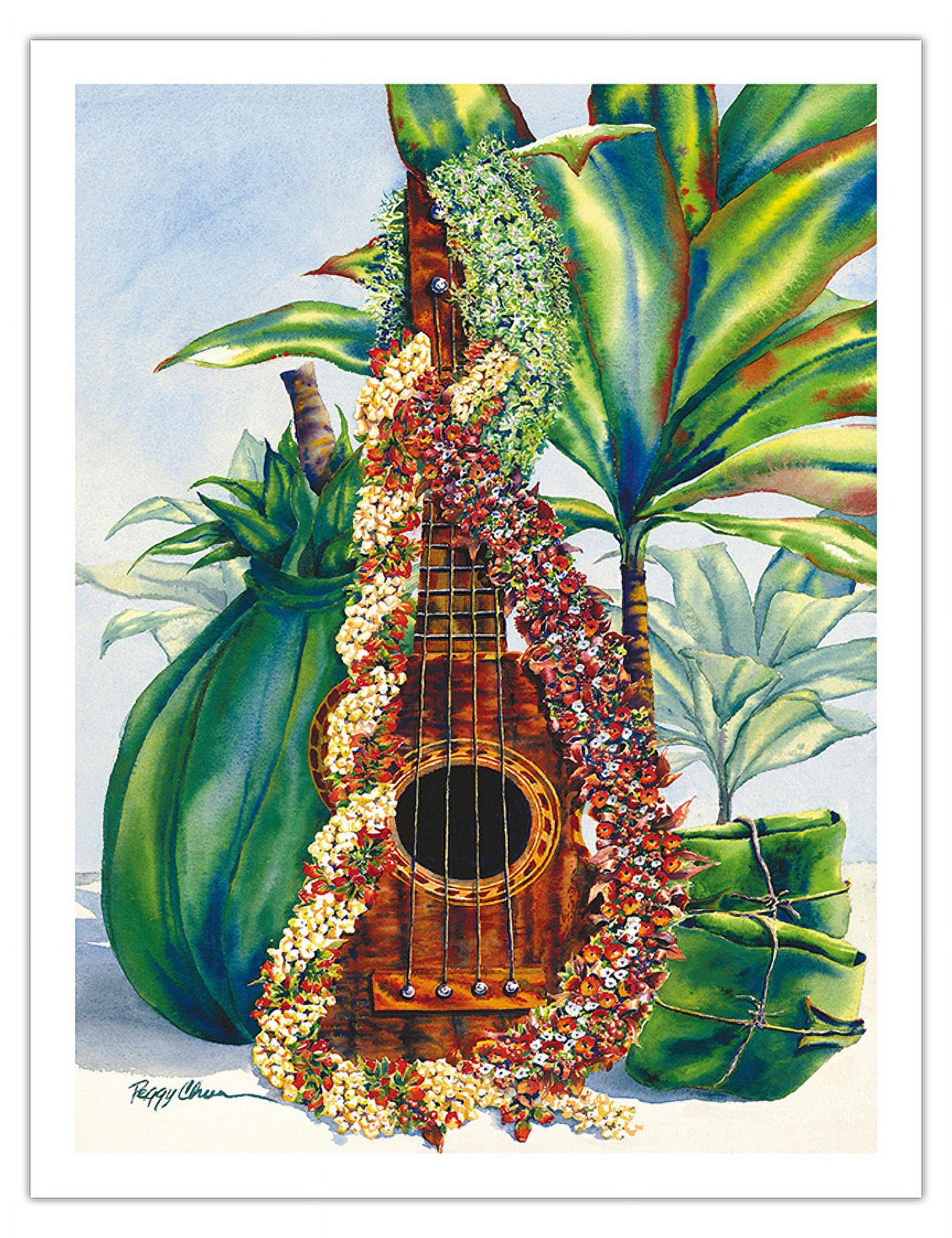 Mele Pua (Flower Song) - Hawaiian Ukulele Leis Ti Leaves Offering - From an  Original Hawaii Watercolor Painting by Peggy Chun - Fine Art Matte Paper  Print (Unframed) 20x26in - Walmart.com, image size:1550x2016