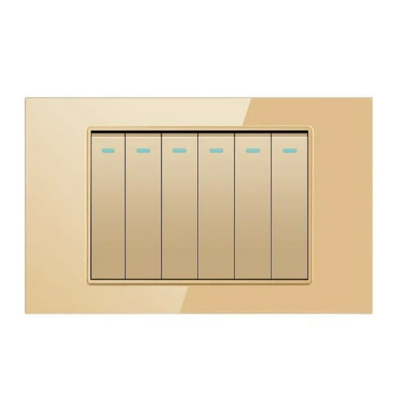 Melery 6gang 4x2 Light Switch Wall Switch USA Tempered Glass Panel Rectangular Gold