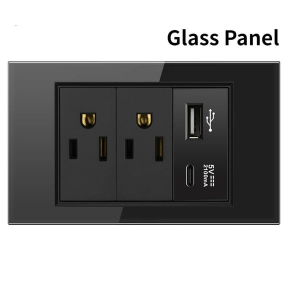 Melery US Wall Outlet - Double USB Type-C Tempered Glass Panel Light Switch Suitable for Home & Office