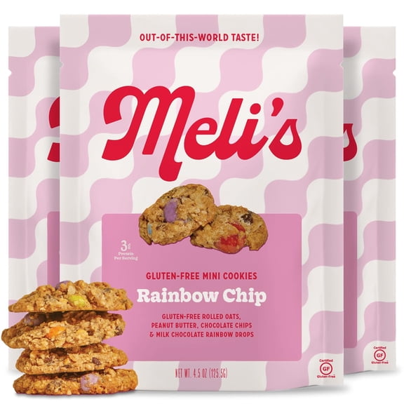 Melis Mini Cookies - Rainbow Chip - Gluten Free Snacks, Plant Based Gourmet Cookies with Milk Chocolate Rainbow Chips, Peanut Butter, Rolled Oats, Kids Snacks for School, Sweet Treats, 3-Pack Bundle