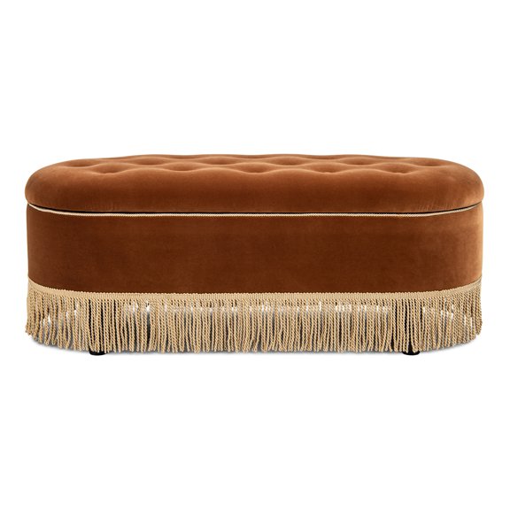 Melinda 48.5" Oval Tufted Bullion Fringe Storage Bench, Burnt Orange Performance Velvet