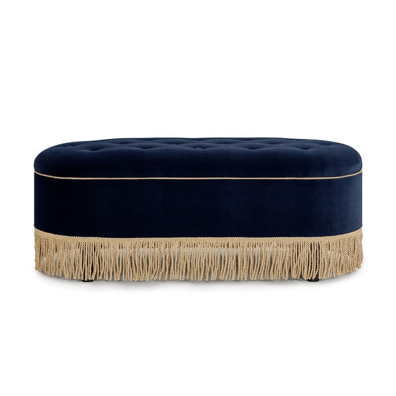 Melinda 48.5" Oval Tufted Bullion Fringe Storage Bench, Dark Navy Blue Performance Velvet