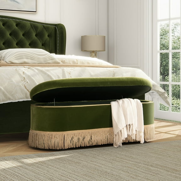 Melinda 48.5" Oval Tufted Bullion Fringe Storage Bench, Olive Green Performance Velvet