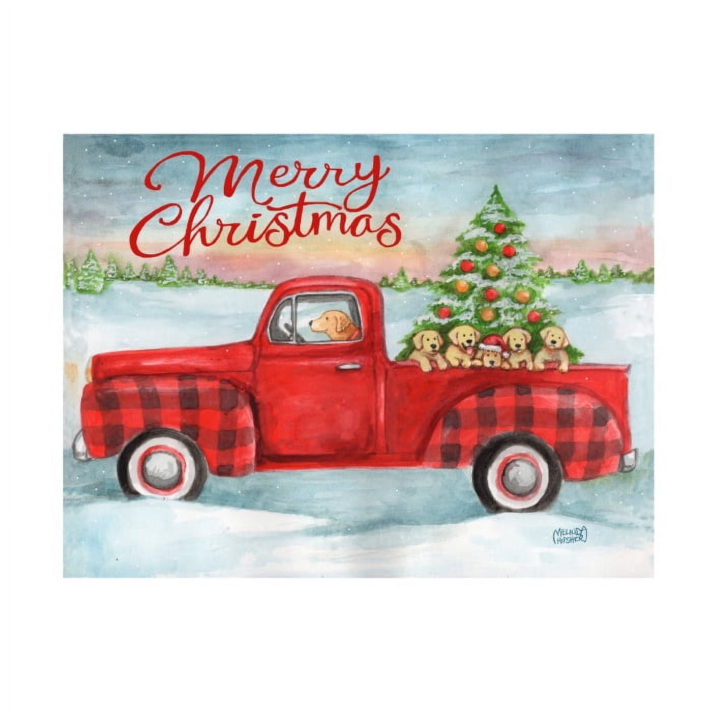 Melinda Hipsher 'Red Plaid Truck With Puppies Christmas' Canvas Art