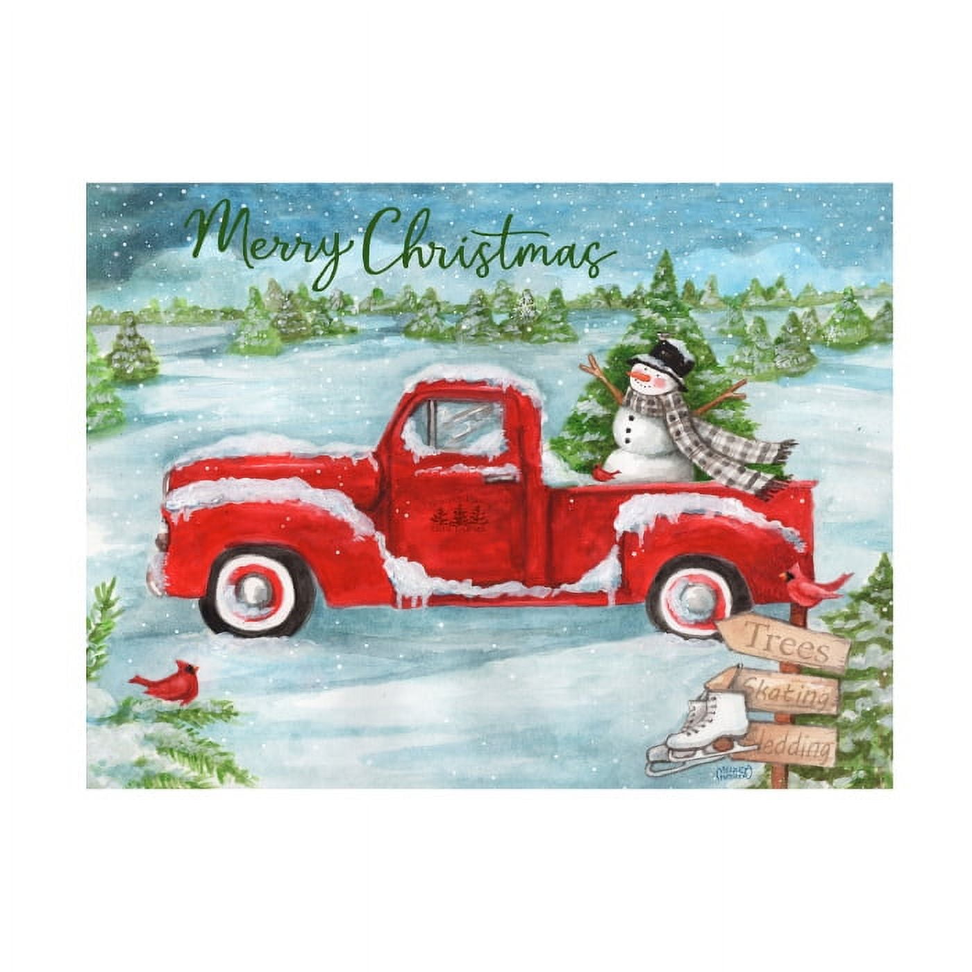 Melinda Hipsher 'Red Truck With Snowman And Birds' Canvas Art