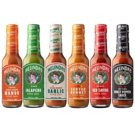 Melinda’s Chef Fig’s Heat & Flavor Collection - Gourmet Hot Sauce Gift Set with a Variety of Flavors & Spice Levels - Includes Ghost, Mango, Garlic, Red Savina, Scotch Bonnet, Jalapeño - 5 oz, 6 Pack