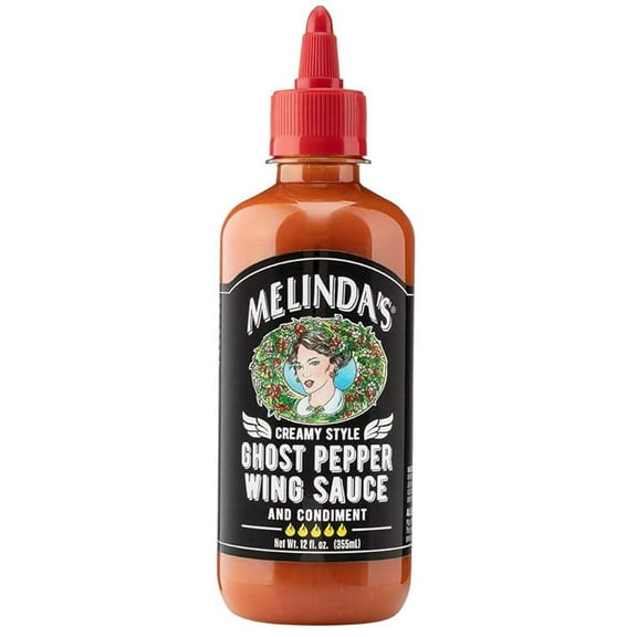 Melindas Ghost Pepper Wing Sauce - 12 Oz, 1 Pack - Gourmet Spicy Hot Sauce - Made with Fresh Ingredients, Ghost Peppers (Bhut Jolokia), Habanero Pepper, Carrot, Garlic, Lime - Vegan, Gluten Free