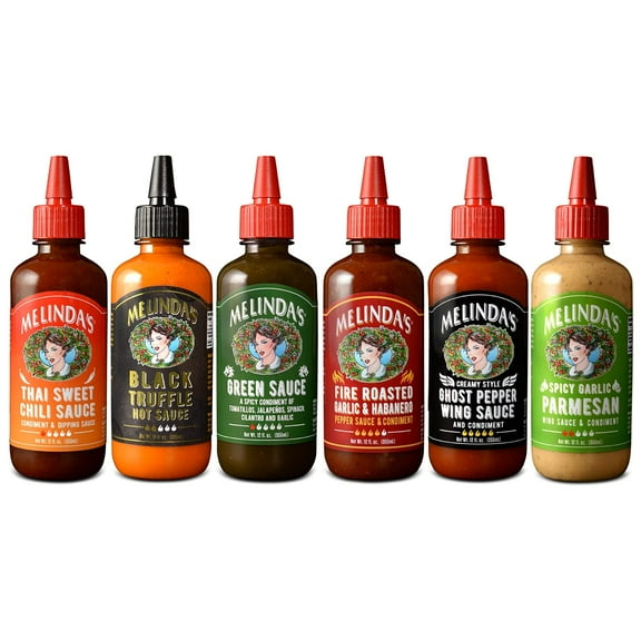 Melindas - A Taste of Melindas Collection Craft Pepper Sauce and Condiment Gift Set - Includes Black Truffle, Thai Sweet Chili, Roasted Garlic & Habanero, Ghost Pepper, Spicy Garlic Parmesan- 12 o