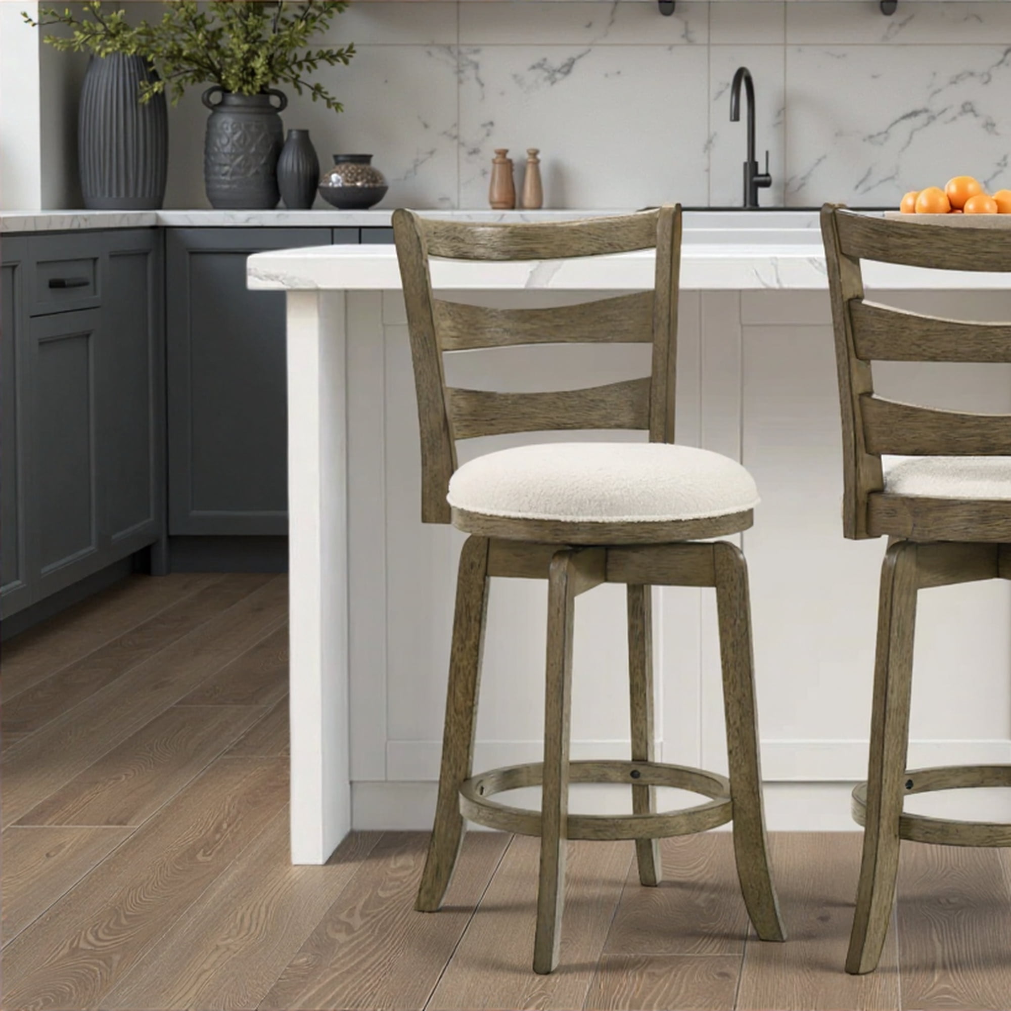 Melindra Modern Farmhouse Swivel Wood Counter Height Kitchen Bar Stool in Putty Brown Finish with White Boucle Fabric Upholstered Seat - Set of 3