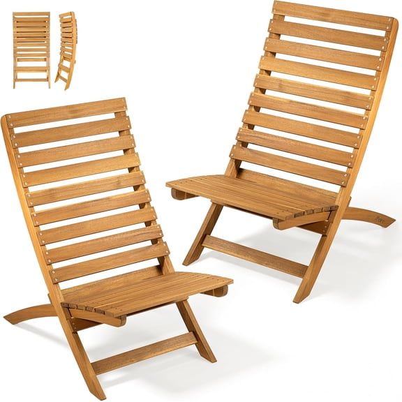 Melino Wooden Folding Chairs Set of 2, Acacia Wood Outdoor Patio Chair with High-Back Slatted Design, Foldable Wood Chair for Backyard, Garden, Porch, Deck, Pool and Firepit, Natural