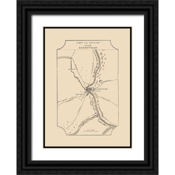 Melish 24x32 Black Ornate Wood Framed with Double Matting Museum Art Print Titled - Zanesville Ohio - Melish 1812