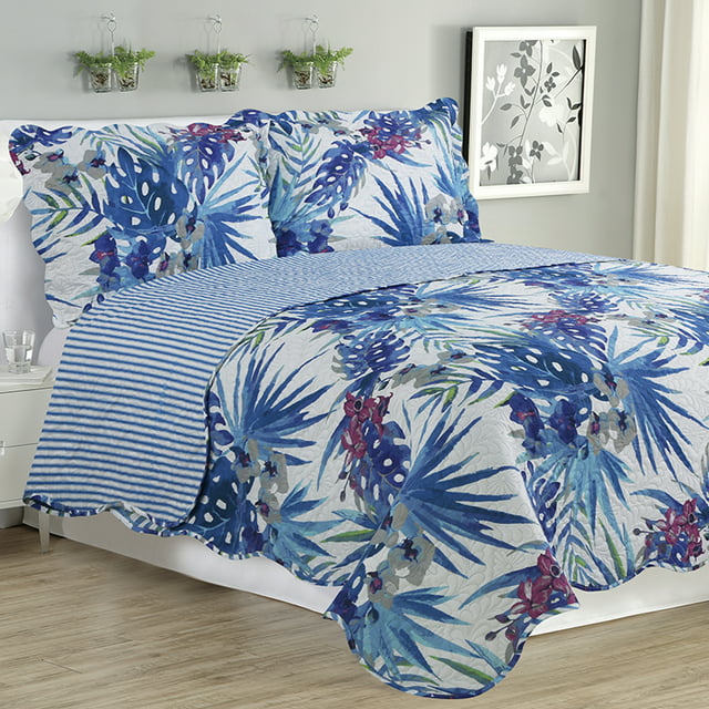Melissa - 3 Piece Quilt bedspread Set queen & king size - Blue Floral ...