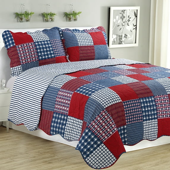 Melissa - 3 Piece Quilt bedspread Set queen & king size - Navy Checker