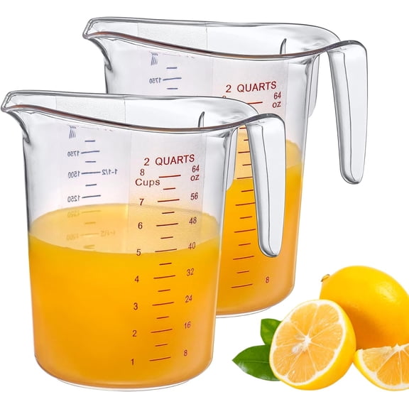 - Melissa - 64-Ounce Plastic Measuring Pitcher (2-Pack), 8-Cup (2-Quart) Food-Grade Measuring Jug, Unbreakable, Stackable, Dishwasher-Safe, Great for Oil, Vinegar, Flour, and More