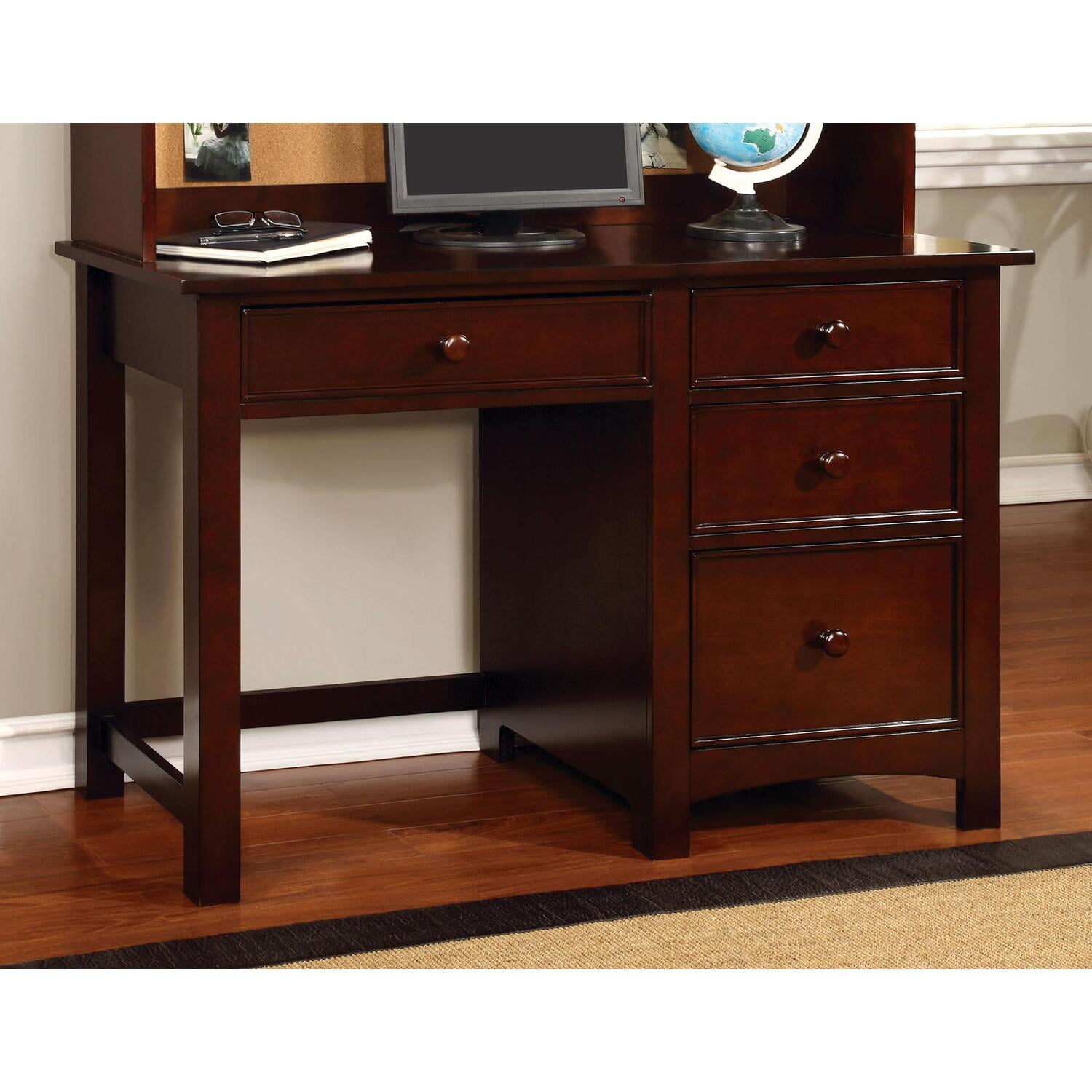 4 Drawer Wooden Desk with Block Legs and Round Knobs, Cherry Brown