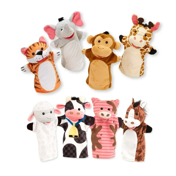 Melissa & Doug Animal Hand Puppets 2-Pack (4 animals in each) - Zoo Friends and Farm Friends