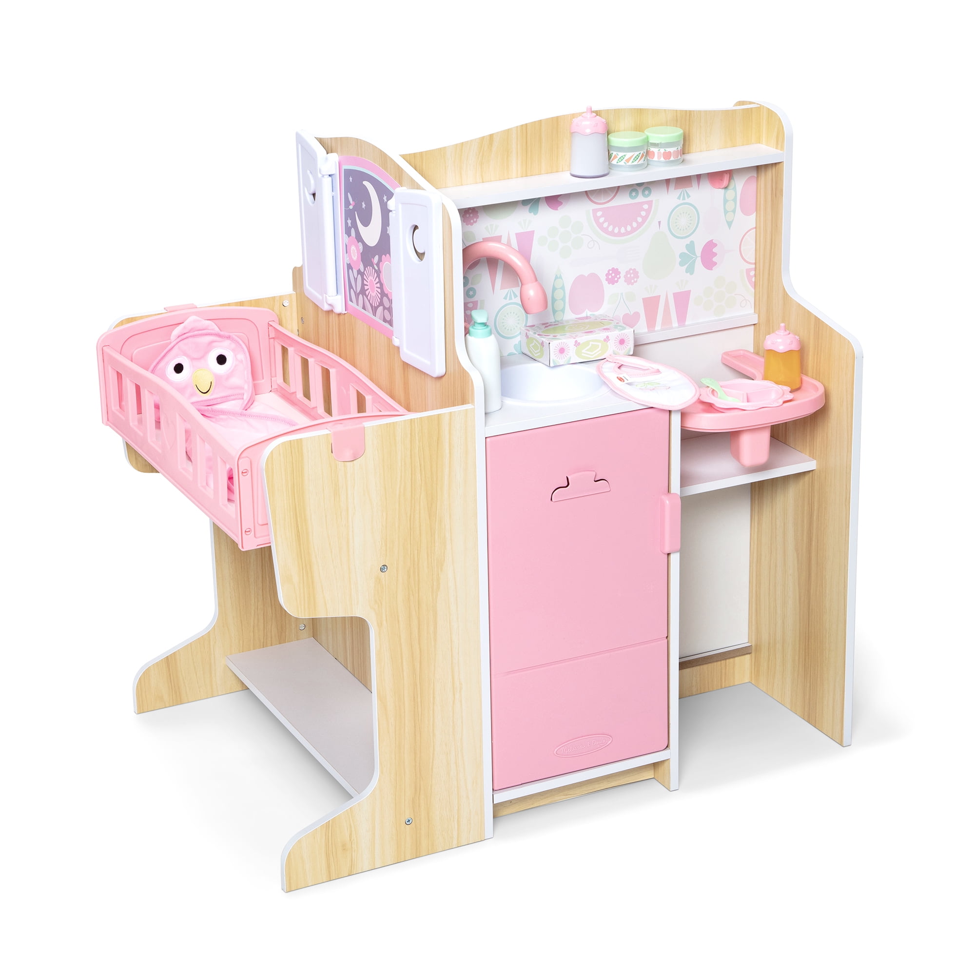 Pink and Natural Wooden Baby Care Activity Center with Accessories