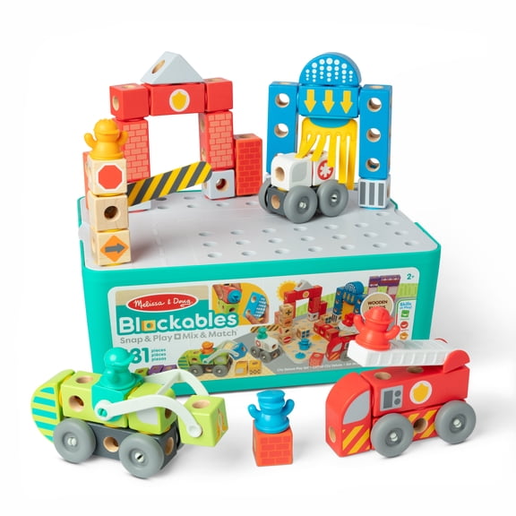 Melissa & Doug Blockables Deluxe City Snap And Play, Mix and Match Connectable Wooden Building Blocks Play Set With Storage Bin and Play Lid (122 Pcs) - FSC Certified