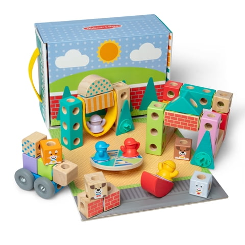 Melissa & Doug Blockables Town Snap And Play, Mix And Match Connectable Wooden Building Blocks Play Set Toy for Preschool Boys And Girls (73 Pcs) - FSC Certified