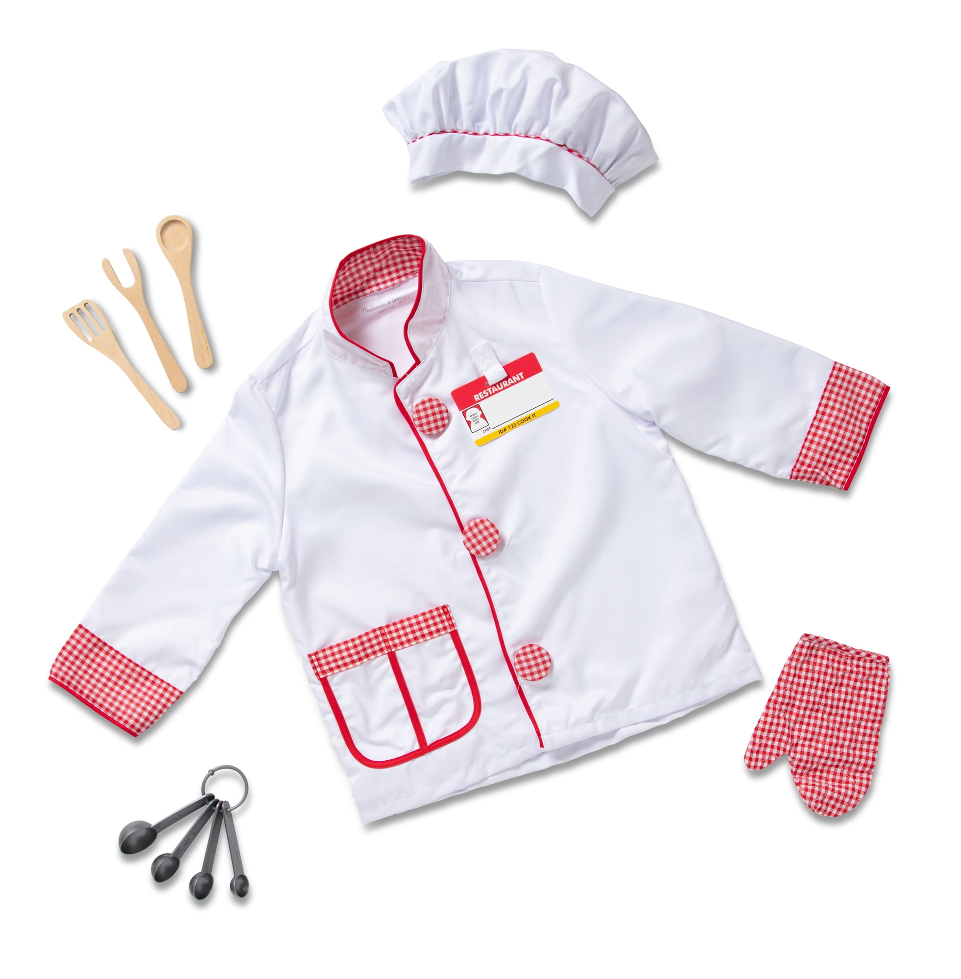Kids' White and Red Chef Role Play Costume Set with Wooden Utensils