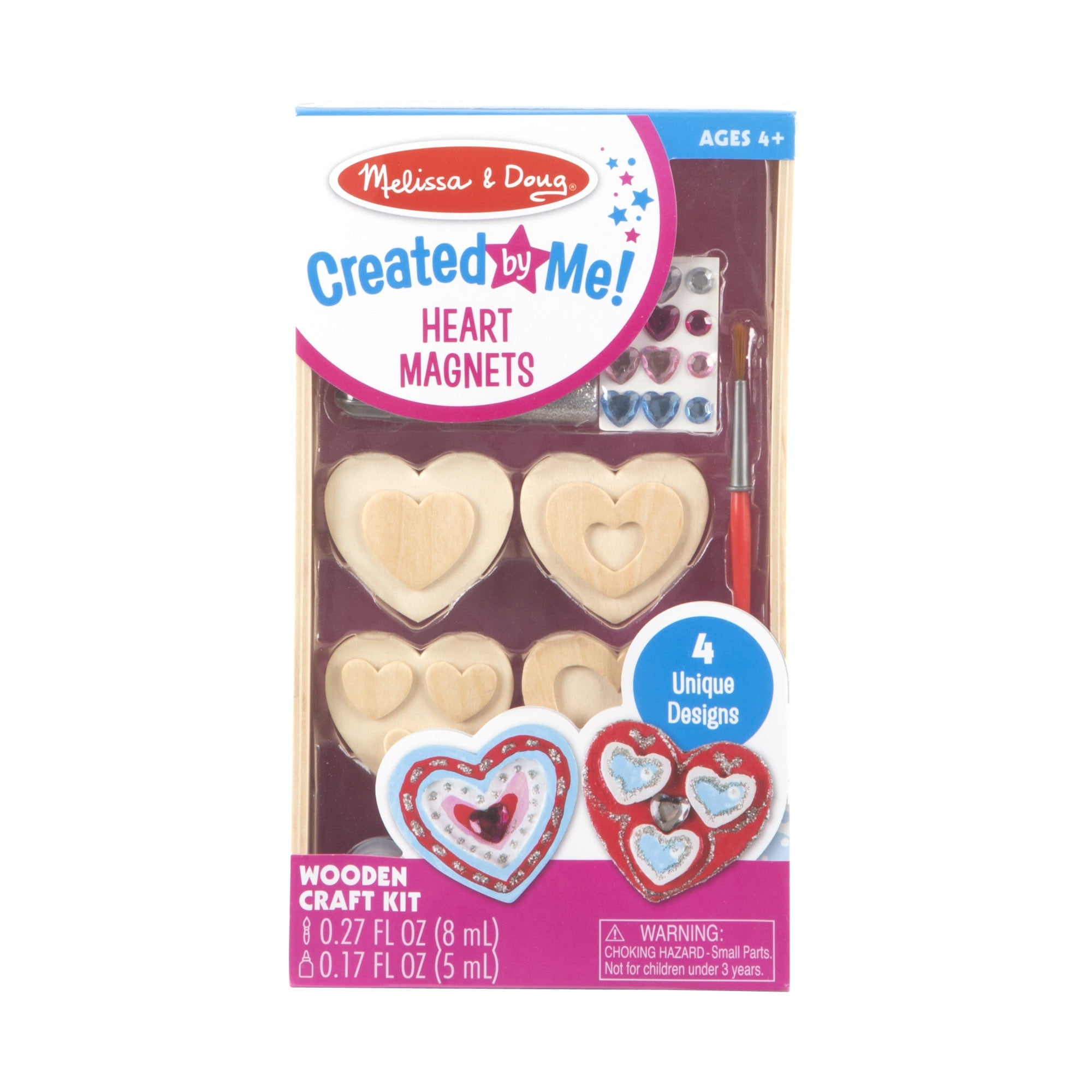 Melissa & Doug Created by Me! Wooden Heart Magnets Craft Kit (4 Designs, 4  Paints, Stickers, Glitter Glue) 8.75 x 5