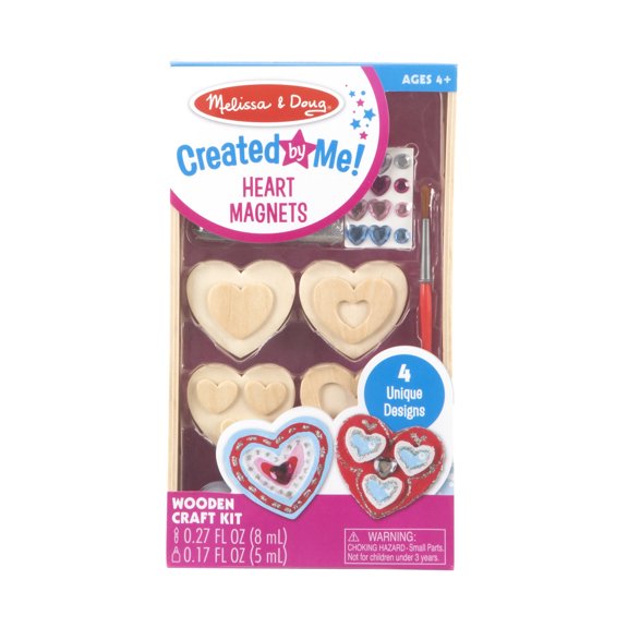 Melissa & Doug Created by Me! Wooden Heart Magnets Craft Kit (4 Designs, 4 Paints, Stickers, Glitter Glue)