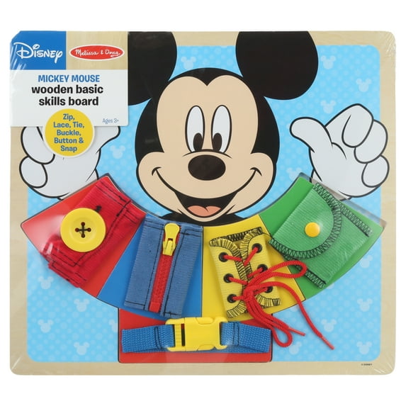 Melissa & Doug Disney Mickey Mouse Wooden Basic Skills Board Puzzle - Zip, Lace and Tie, Buckle, Button, and Snap