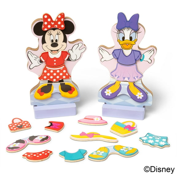 Melissa & Doug Disney Minnie Mouse and Daisy Duck Deluxe Wooden Magnetic Dress-Up; 2 Fashion Dolls with Stands for Pretend Play, 52 Pieces - FSC Certified