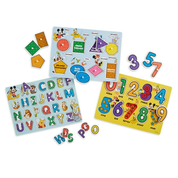 Melissa & Doug Disney Wooden Peg Puzzles Set: Letters, Numbers, and Shapes and Colors