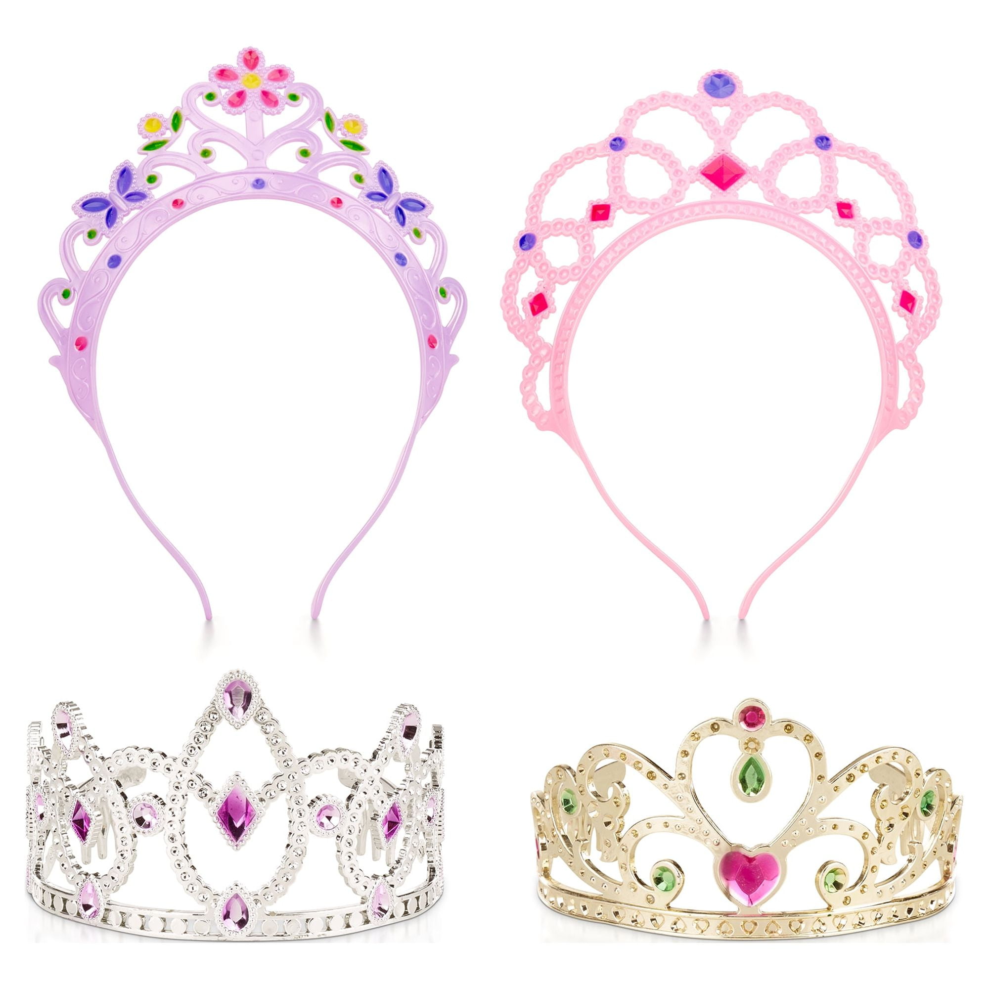 Pink-Silver Jeweled Tiara Party Favor - Pack of 12 Plastic Crowns