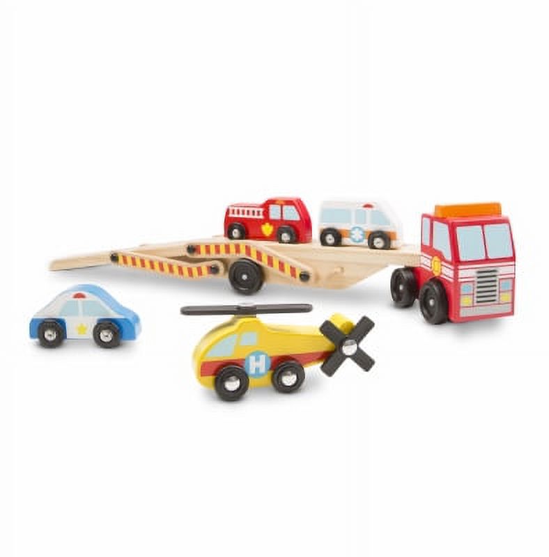 Melissa & Doug Emergency Vehicle Carrier Wooden Play Set 2 Level Tractor Trailer Tha - image 1 of 1
