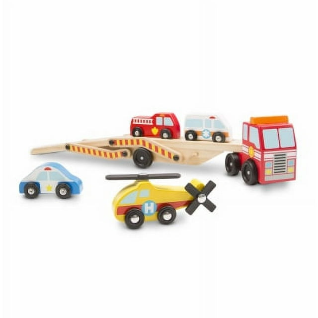 Melissa & Doug Emergency Vehicle Carrier Wooden Play Set 2 Level Tractor Trailer Tha